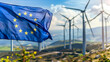 EU flag with wind turbines symbolizing green energy and European environmental politics.