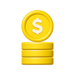 Wall Mural - 3d stack of gold dollar coins isolated on white background. Design element illustration PNG.