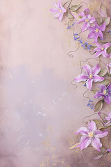 Wall Mural - Floral vertical elegant grey background with violet clematis flowers with place for text, botanical backdrop in soft colors with copy space on grunge texture, top view, blank space