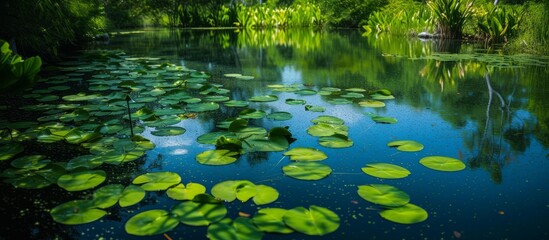 Sticker - Tranquil pond with beautiful water lilies and a serene boat in the background