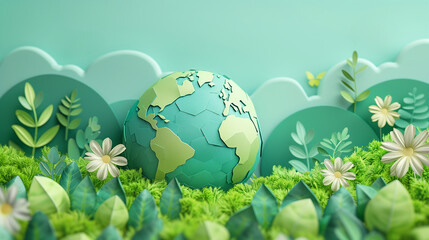 Paper cutout of Earth with green foliage on a green background. Eco-friendly and sustainable environment concept. Banner with copy space for Earth Day event.