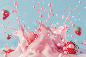 Wall Mural - A splash of pink yoghurt and strawberries falling into it on a blue background