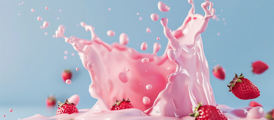 Wall Mural - A splash of pink yoghurt and strawberries falling into it on a blue background