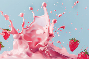 Wall Mural - A splash of pink yoghurt and strawberries falling into it on a blue background