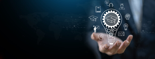 Wall Mural - human hold technology internet learning and study online class technology network, e-learning, onlin