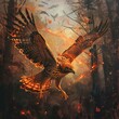 Bird painting of Accipitridae soaring over forest fire, created with CG artwork
