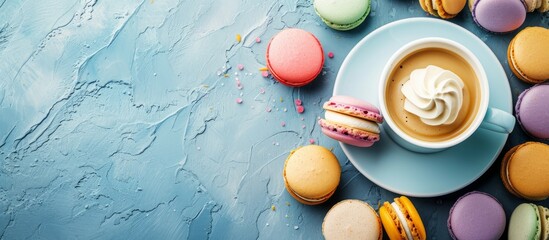 Poster - Indulgent coffee break with colorful macarons, a perfect pairing for a relaxing afternoon treat