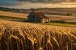 a barn in the middle of a wheat field, rural splendor, bathed in golden light, barn in the background, midwest countryside, wheat fields, old american midwest, barn in background. 