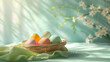 Colorful easter eggs in the wicker basket on the soft blue background with spring flowers