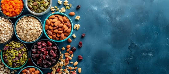 Canvas Print - Assortment of dried fruits and nuts in blue bowls