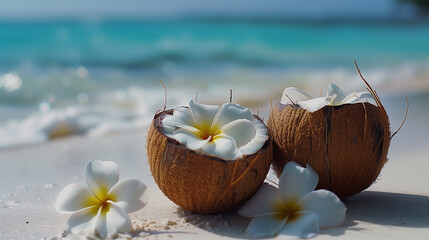 Wall Mural - beautiful tropical beach with coconut and flowers