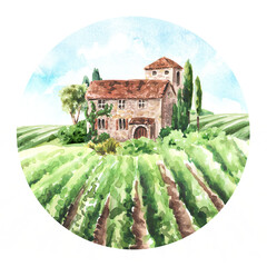 Wall Mural - Landscape with vineyard and Tuscan Chateau. Hand drawn watercolor, illustration  isolated on white background