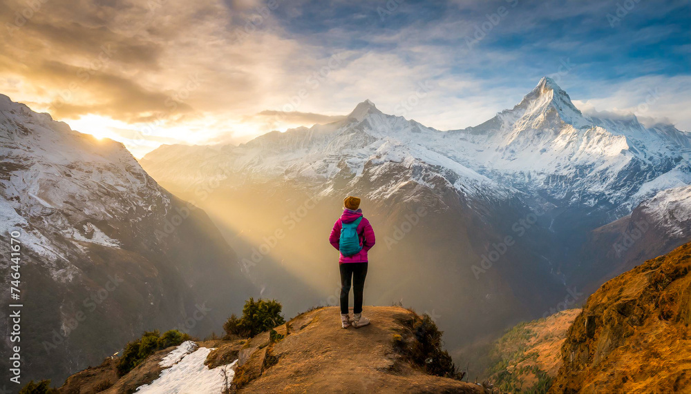 A female hiker standing at sunrise admiring the view of a snow covered mountain range