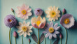 Flat lay creative illustration concept of fresh field Spring flowers on pastel blue background. Beautiful pink bloomed flowers.