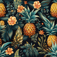 Wall Mural - seamless vintage exotic tropical pattern with pineapples on black background