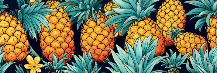 Wall Mural - seamless exotic tropical pattern with pineapples on yellow green background