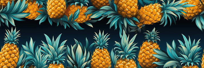 Wall Mural - seamless vintage exotic tropical pattern with pineapples on black background