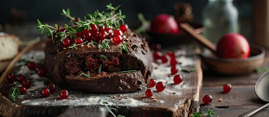 Poster - A rich piece of chocolate cake topped with luscious red cherries, creating a decadent and indulgent dessert treat.