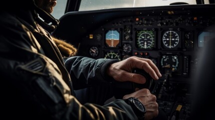 Intense close-up of pilot's hands gripping yoke and throttle during challenging takeoff softly lit cockpit bright daylight conditions