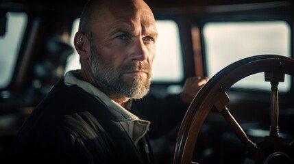 Poster - Captain's thoughtful expression framed by ship's wheel and coastal vista