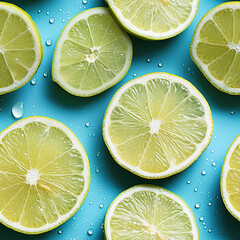 Wall Mural - seamless pattern with green lime and lemon slices on blue background