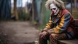 Sad clown sits on park bench in urban setting with bleak surroundings