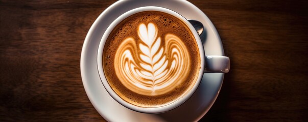 Wall Mural - Cup of freshly made cappuccino coffee. Top view on wooden table.