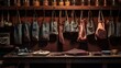 Details of butcher's apron against wooden wall with antique cleavers in soft lighting