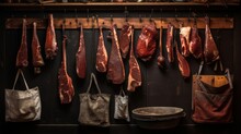 Butcher's apron stained with meats and seasonings hung against wooden wall with antique cleavers