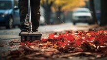Street Cleaner Sweeps Fallen Autumn Leaves From Sidewalk Under Soft Diffused Lighting