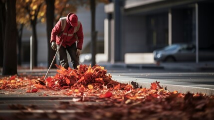 Close-up of street cleaner sweeping fallen autumn leaves from sidewalk