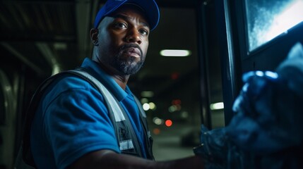 Poster - Street cleaner presses button to compact garbage into neat cube under bright lighting