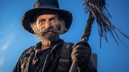 Poster - Close-up portrait of resilient chimney sweep holding slender chimney brush with dark ashes