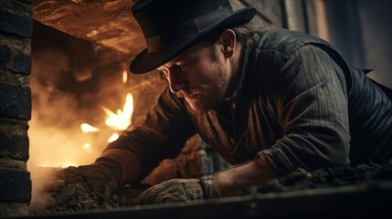 Canvas Print - Close-up capturing chimney sweep's skilled hands dismantling fireplace surrounded by soot-covered tools