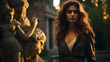 Beautiful Italian woman with model looks, taking an evening stroll in a historic park with ancient statues.