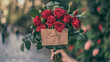 A female hand holding bouquet of red rose and card with text sorry, 