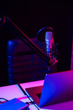 Fototapeta Mapy - Home studio podcast interior. Microphone, table and chair