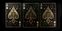 Three Playing Card Featuring A Royal Flush Gold Ornaments On Black Background A Fan Of Playing Cards Consisting Of Four Black And Golden Ace Of Spades Diamonds Clubs Hearts.