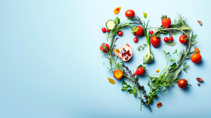 Wall Mural - Heart-shaped arrangement of assorted vegetables and fruits