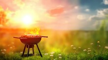 Barbecue With Meat And Vegetables On The Grass Against The Background Of The Sunset. Barbecue Concept