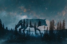 A Wolf Overlaid With The Silhouette Of A Dense Forest Under A Starry Night Sky In A Double Exposure