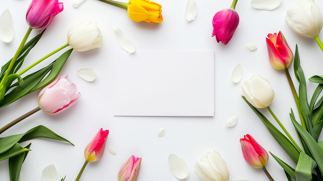 Colorful tulips and a white empty leaf in the center with space for text. Spring greeting template for March 8, Easter, birthday. Gift certificate mockup, card for games.