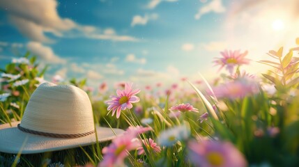 Wall Mural - Summer background with pink daisies and hat on the meadow. Hello summer concept. Summer background