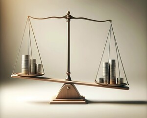 A classic balance scale with two balanced trays holding stacks of coins, representing financial stability and the concept of equality in wealth distribution, against a soft, neutral background.AI gene