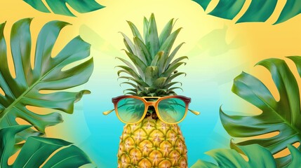  Illustration of pineapple with sunglasses and tropical leaves background. Summer vacation concept. Hello summer 