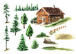 Cozy country house in the forest set, woodland. Hand drawn watercolor illustration,  isolated on white background