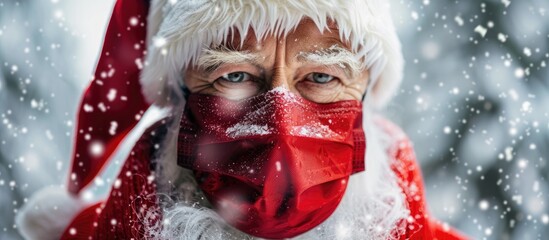 Canvas Print - A man dressed as Santa Claus, wearing a red face mask, stands in the snow. He is surrounded by a white snowy landscape, embodying the festive Christmas spirit.