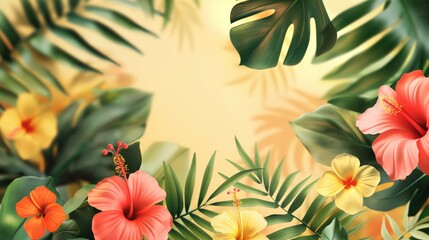 Wall Mural - Summer tropical background with palm leaves and hibiscus flowers. Hello summer concept. Summer background