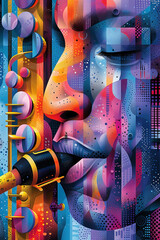 Wall Mural - Abstract poster art for a jazz music performance with a closeup of a man playing a saxophone.