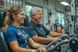 In a fitness center or community gym, seniors work out on strength training machines or with resistance bands, supervised by a trainer who helps them safely build muscle and improve bone density